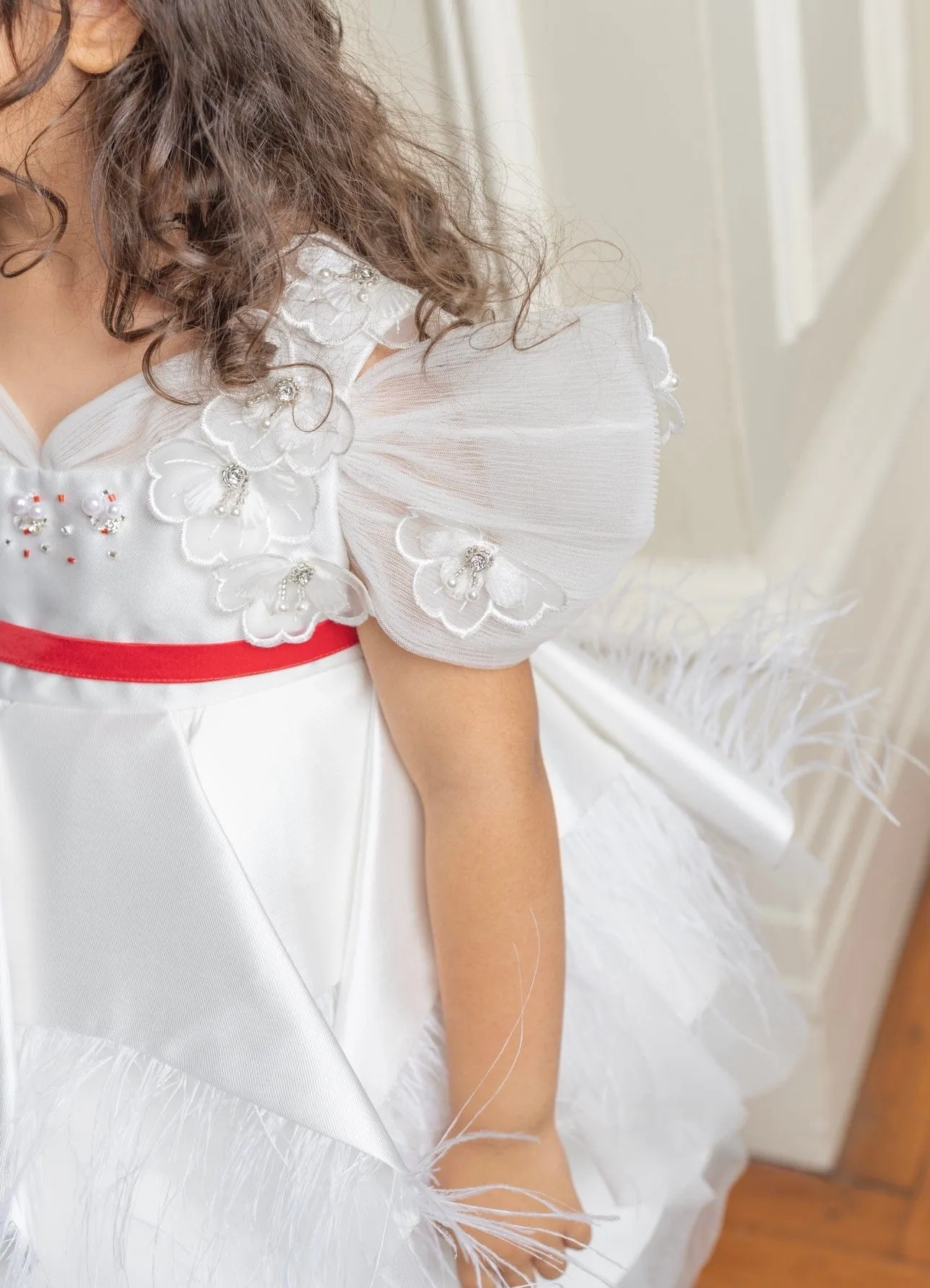 Constanza White Ceremony  Dress with Red Bow