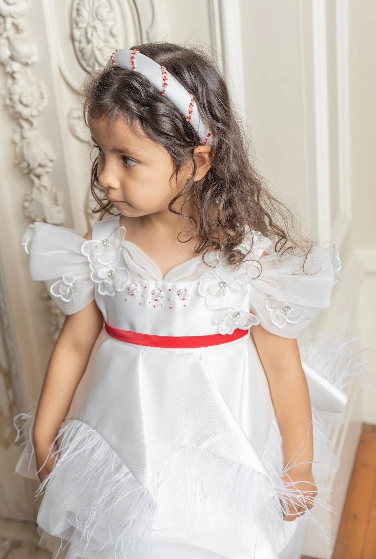 Constanza White Ceremony  Dress with Red Bow