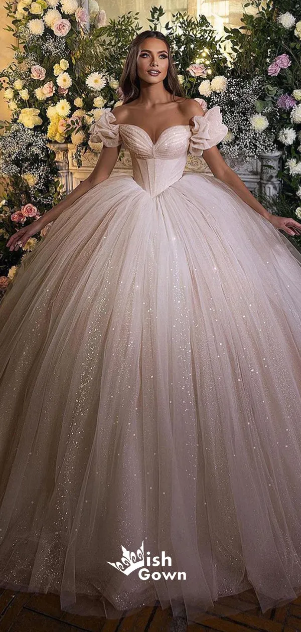 Courtly Style Puff Sleeve Pleating Sequins Tulle Ball Gown Wedding Dresses Prom Dresses, WGP214