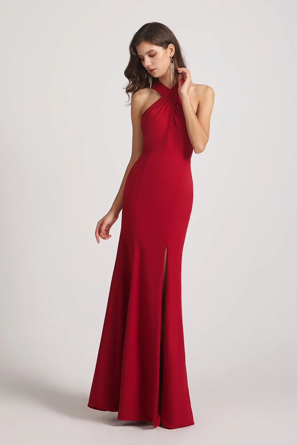 Cross Neckline Sheath Slit Bridesmaid Dresses (AF0140)