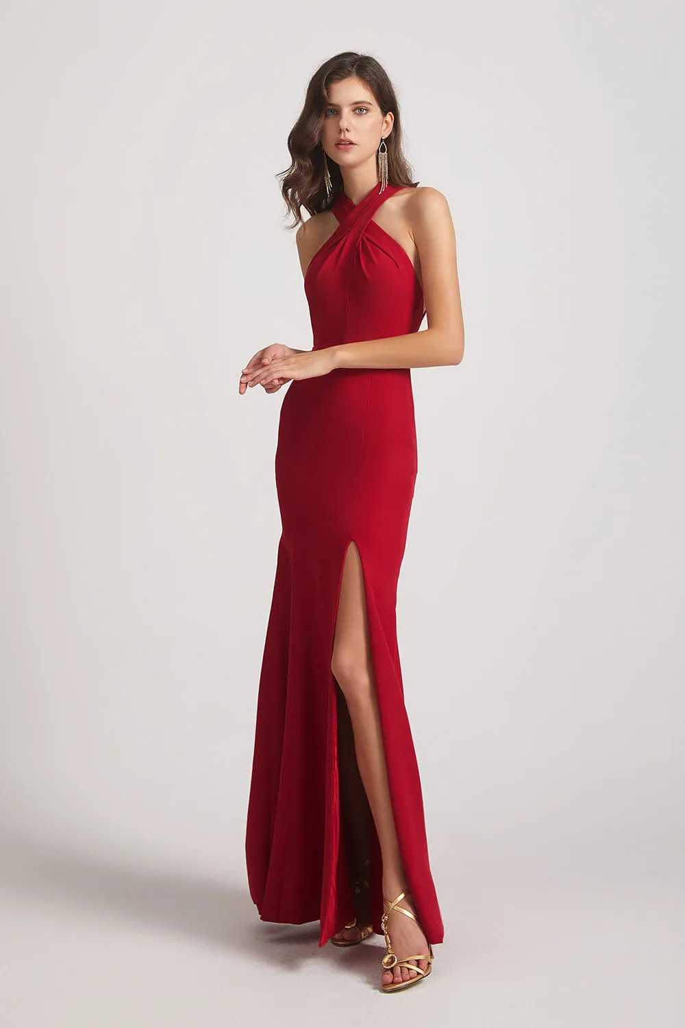 Cross Neckline Sheath Slit Bridesmaid Dresses (AF0140)