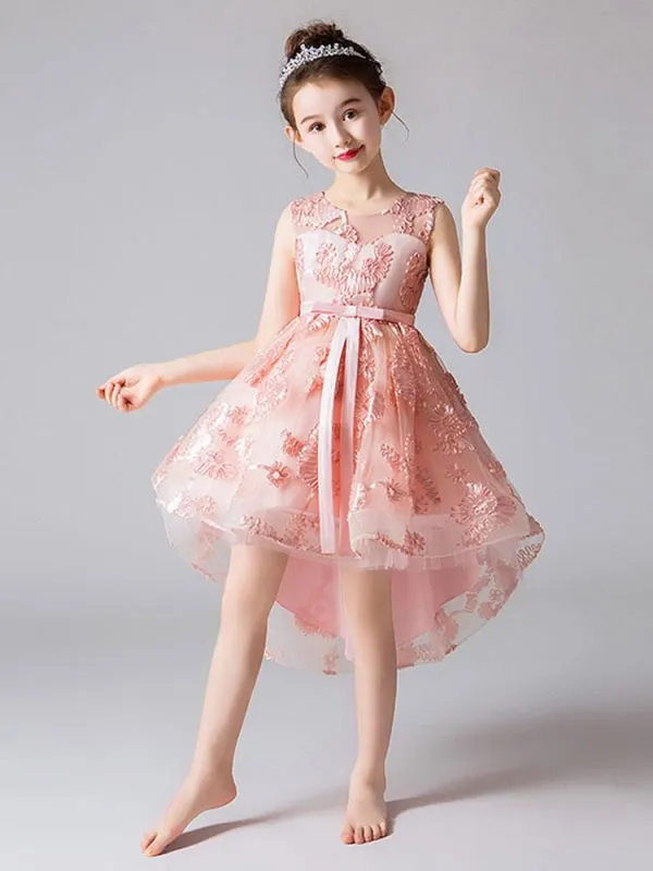 Cute Floral Hi-Lo Flower Girl Dresses Sleeveless Embroidered Kids Social Party Dresses