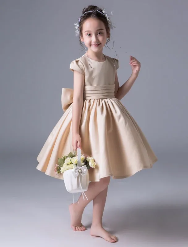 Cute Flower Girl Dresses Short Sleeve Satin Princess Dress Pleated Kids Party Dresses