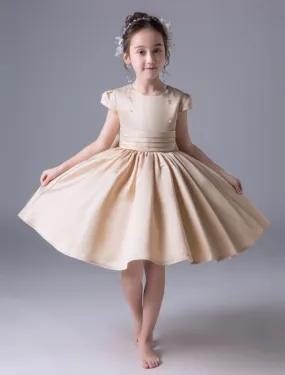 Cute Flower Girl Dresses Short Sleeve Satin Princess Dress Pleated Kids Party Dresses