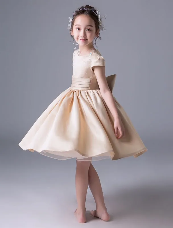 Cute Flower Girl Dresses Short Sleeve Satin Princess Dress Pleated Kids Party Dresses