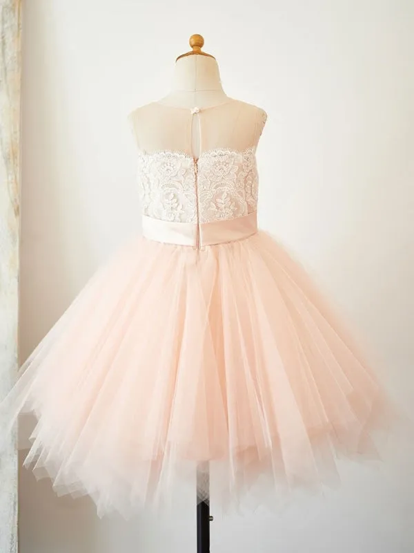 Cute Peach Short Tulle Lace Flower Girl Dresses Jewel Neck Sleeveless Knee-Length Princess Silhouette Kids Party Dresses