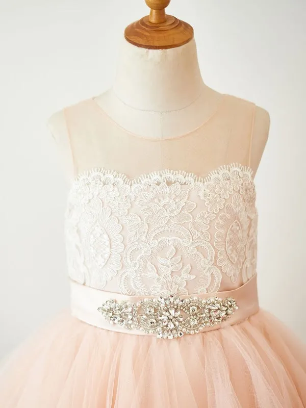 Cute Peach Short Tulle Lace Flower Girl Dresses Jewel Neck Sleeveless Knee-Length Princess Silhouette Kids Party Dresses