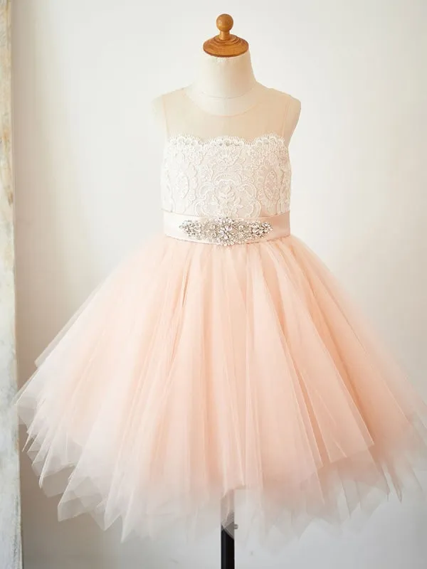 Cute Peach Short Tulle Lace Flower Girl Dresses Jewel Neck Sleeveless Knee-Length Princess Silhouette Kids Party Dresses