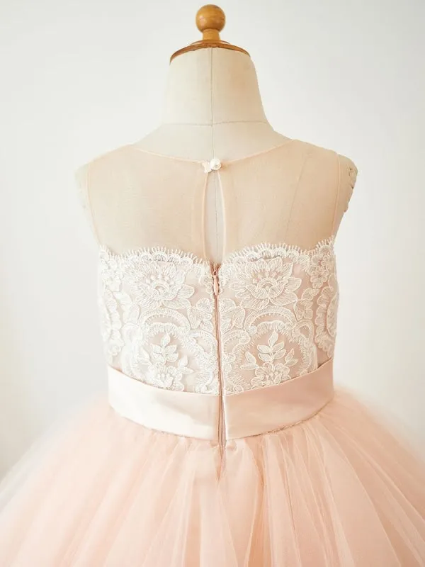 Cute Peach Short Tulle Lace Flower Girl Dresses Jewel Neck Sleeveless Knee-Length Princess Silhouette Kids Party Dresses