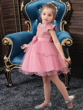 Cute Pink Beaded Flower Girl Dresses Jewel Sleeveless Knee Length Princess Kids Party Dresses