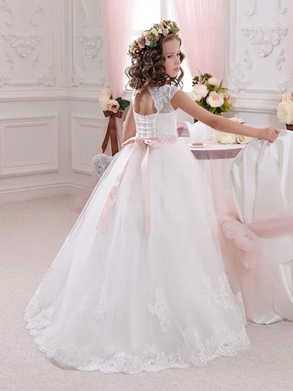 Cute Short Sleeves Flower Girl Dresses Soft Lace Aline Kids Princess Dresses