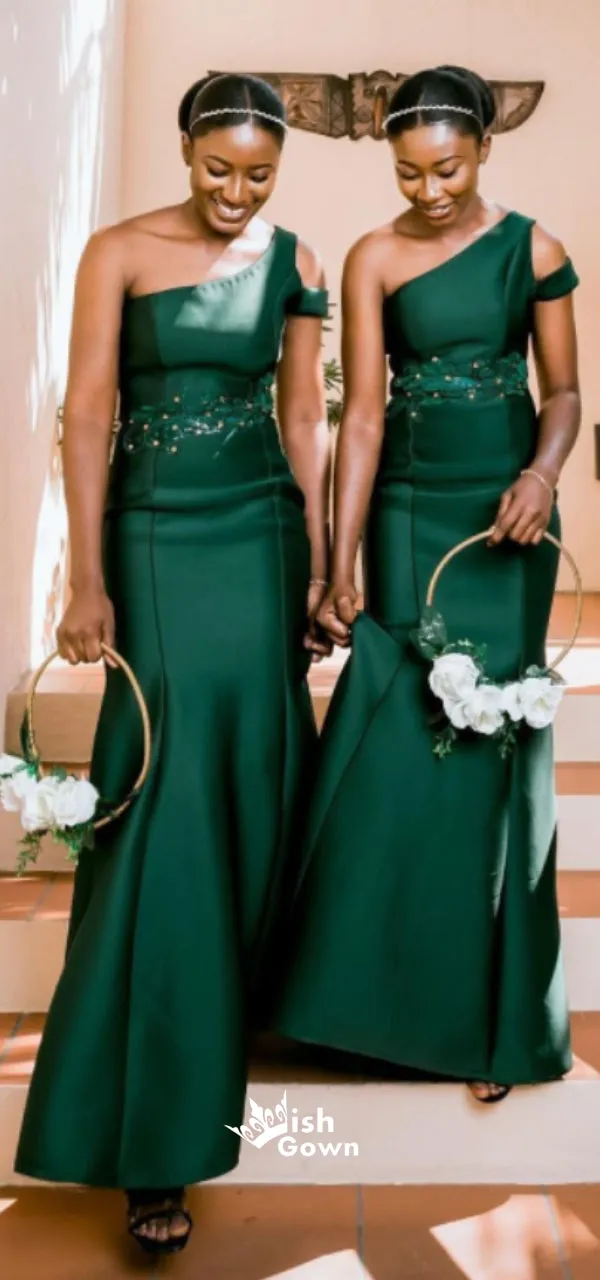 Dark Green One Shoulder Appliques Mermaid Satin Bridesmaid Dresses, WGM071