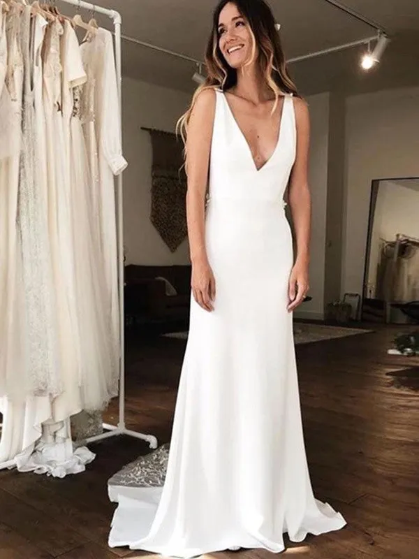 Deep V-neck Appliques Long Wedding Dresses, Elegant Newest Wedding Dresses