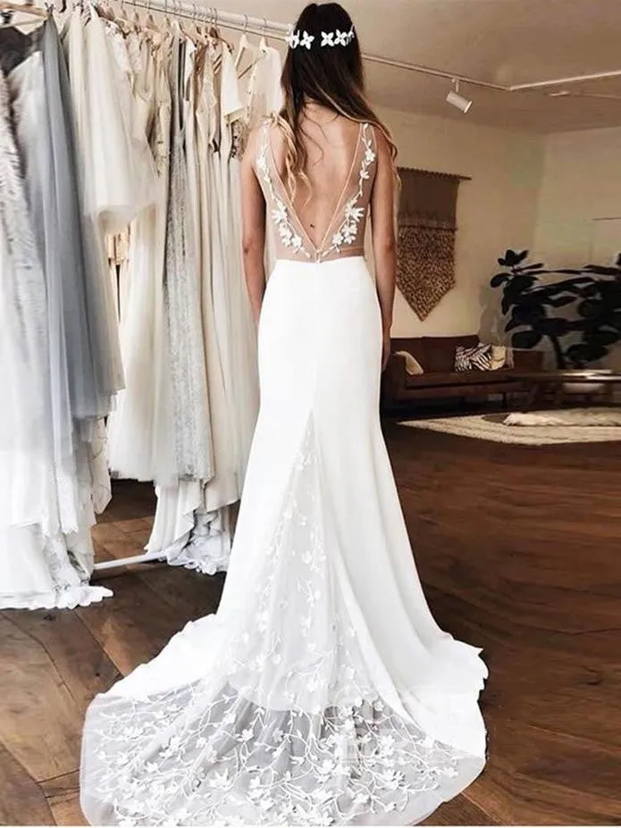 Deep V-neck Appliques Long Wedding Dresses, Elegant Newest Wedding Dresses