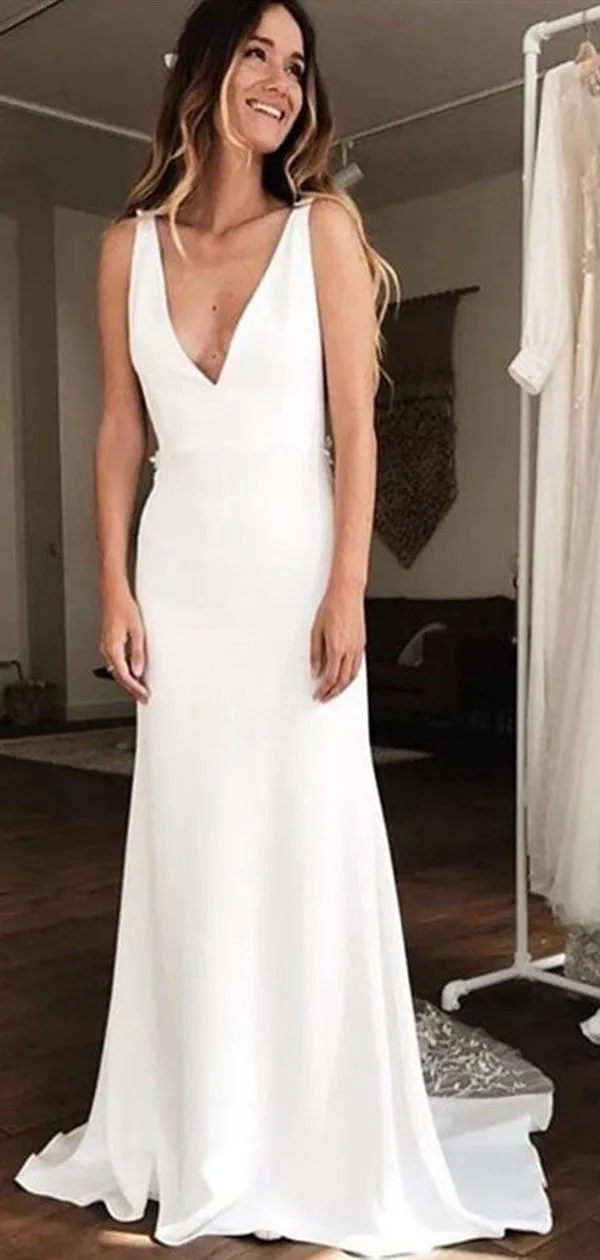 Deep V-neck Appliques Long Wedding Dresses, Elegant Newest Wedding Dresses