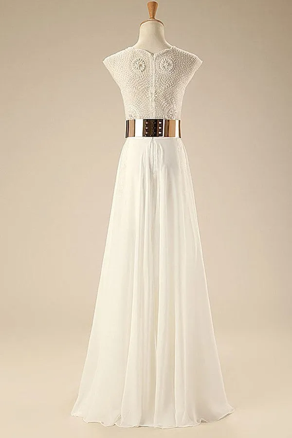 Deep V Neck Cap Sleeves White Chiffon Gold Belt Summer Beach Wedding Dresses