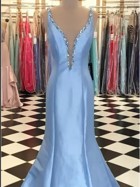 Deep V-neck Long Mermaid Light Blue Satin Prom Dresses, Beaded Prom Dresses