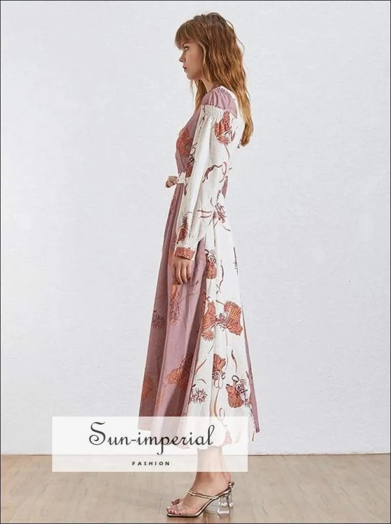 Dina Dress- Summer Print Dress Female V Neck Lantern Sleeve Bow Asymmetrical Dresses Women