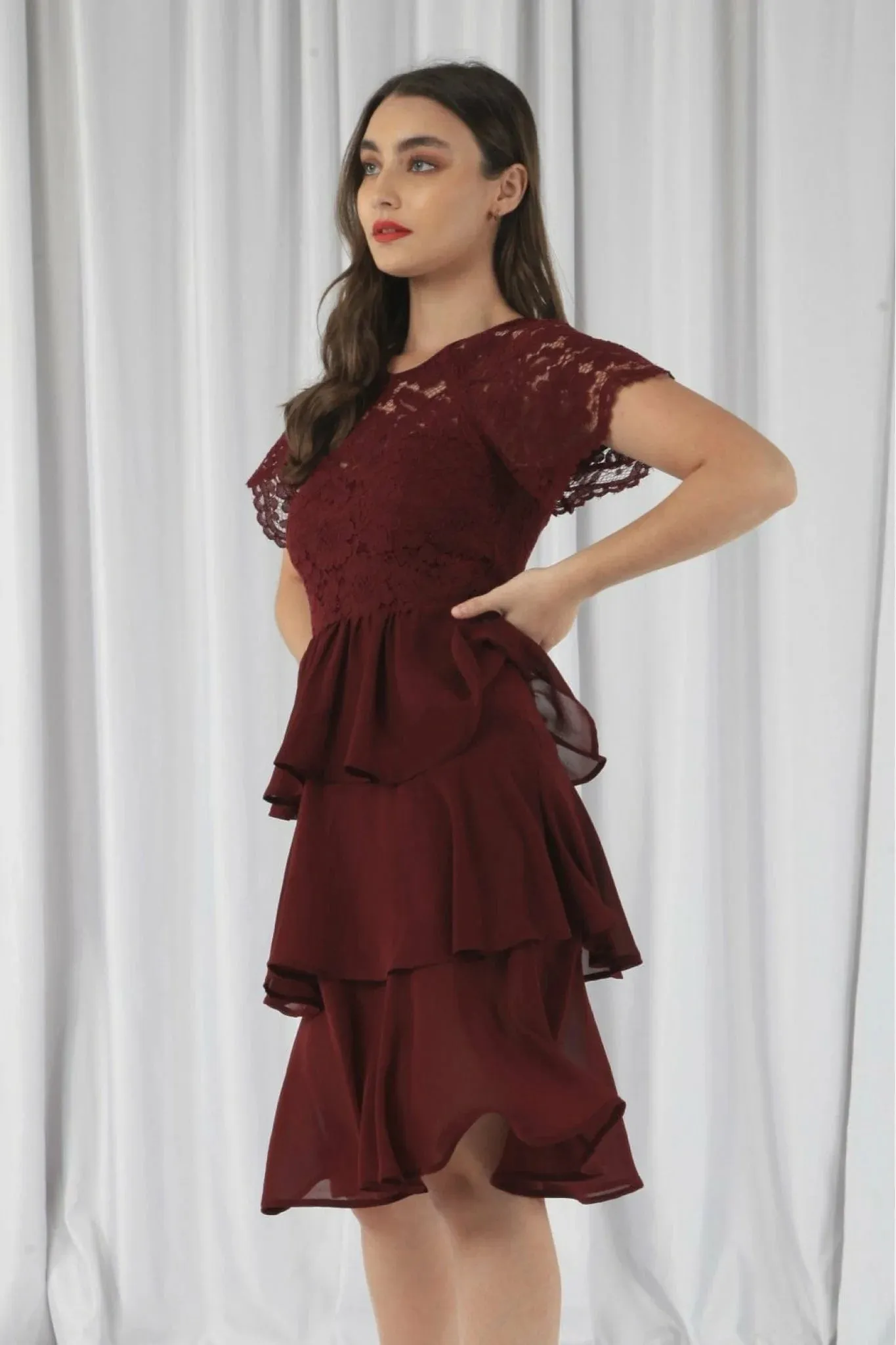 Double Second Burgundy Red Tiered Lace Dress