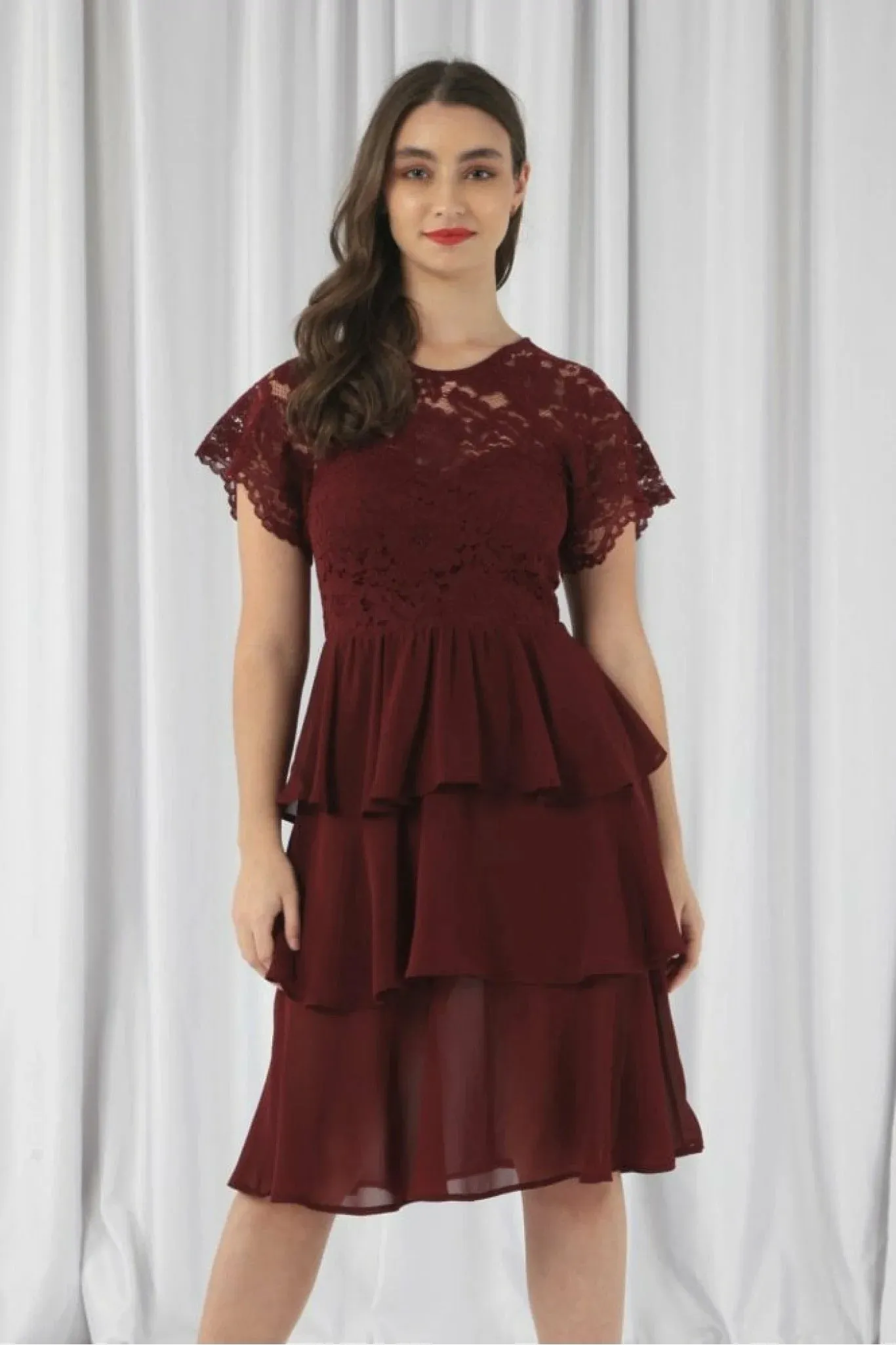 Double Second Burgundy Red Tiered Lace Dress