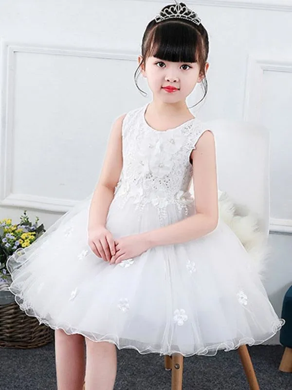 Dreamful Pink Tulle Flower Girl Dresses Jewel Neck Sleeveless Bows Kids Party Dresses