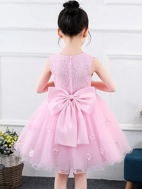 Dreamful Pink Tulle Flower Girl Dresses Jewel Neck Sleeveless Bows Kids Party Dresses