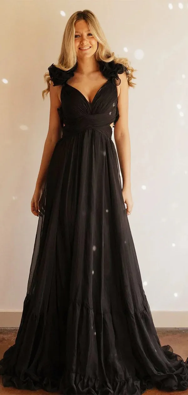 Elegant Black A-Line Sleeveless V-Neck Popular Long Evening Dresses, Formal Dresses, Birthday Party, WGP581