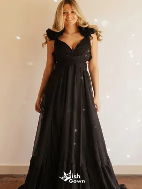 Elegant Black A-Line Sleeveless V-Neck Popular Long Evening Dresses, Formal Dresses, Birthday Party, WGP581