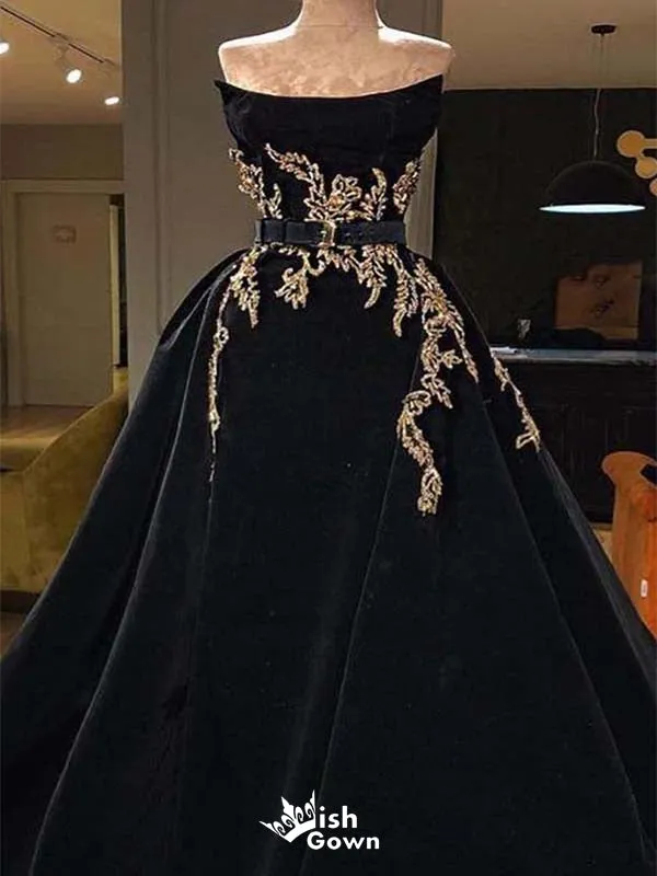 Elegant Black A-Line Strapless Embordidery Popular Long Evening Dresses, Formal Dresses, Birthday Party, WGP580