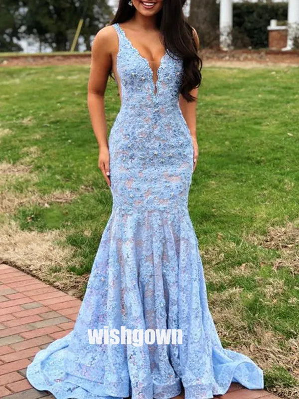 Elegant Blue Lace Mermaid Sequins Long Prom Dresses PG1179