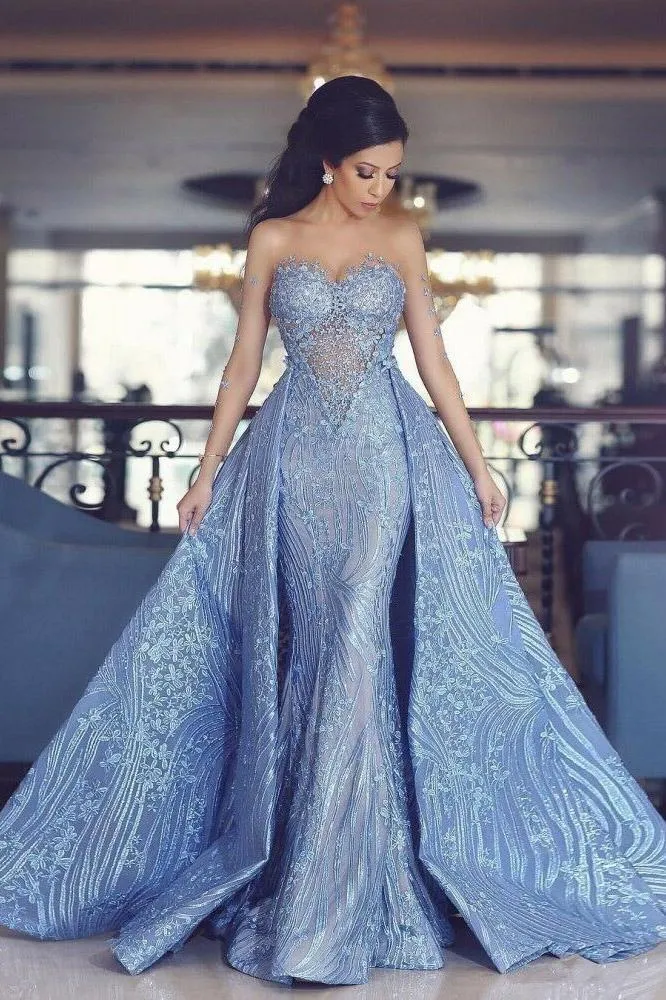 Elegant Blue Long Sleeve Mermaid Appliques Long Prom Dresses, Party Dresses STK15161