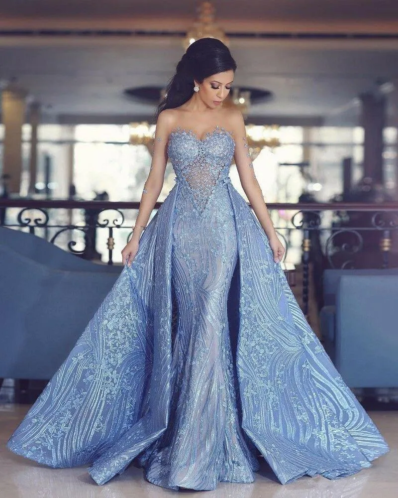 Elegant Blue Long Sleeve Mermaid Appliques Long Prom Dresses, Party Dresses STK15161