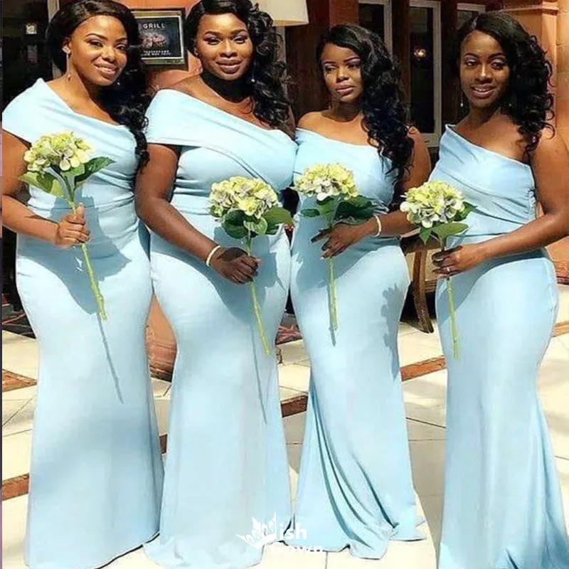 Elegant Blue Mermaid One Shoulder Sleeveless Popular Cheap Maxi Long Wedding Guest Bridesmaid Dresses,WGM297