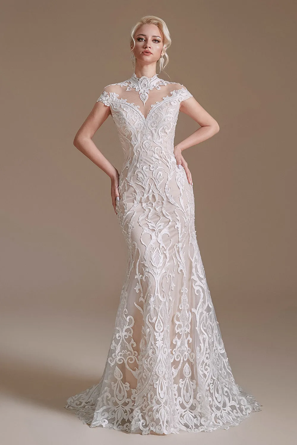 Elegant Cap Sleeves Lace Mermaid Long Beach Wedding Dresses