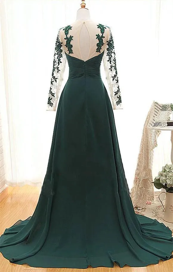 Elegant Long Sleeve Green Chiffon Long Appliqued Prom Dresses Open Back Party Dresses