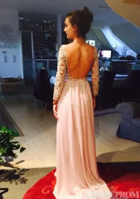 Elegant Long Sleeves Backless Chiffon Party Dresses A Line Prom Dresses