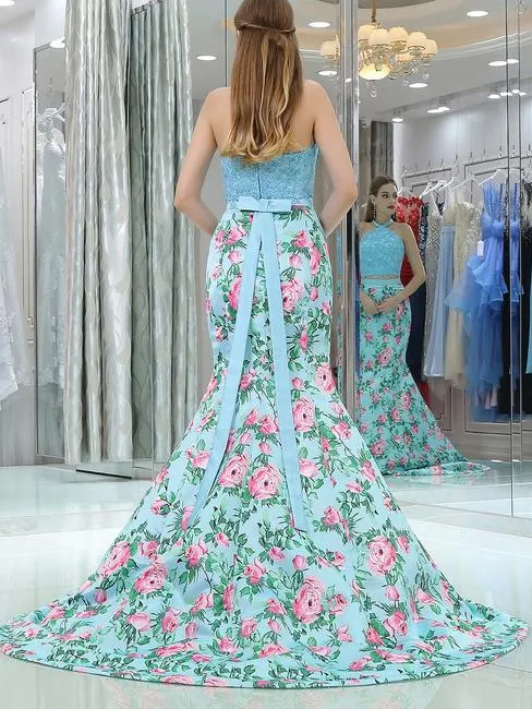 Elegant Mermaid Halter Two Pieces Blue Floral Prom Dresses, Beads Evening Dresses STK15178