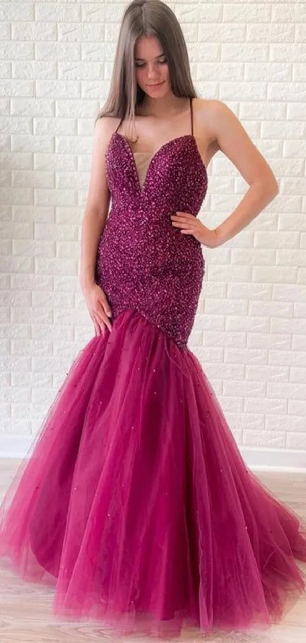 Elegant Purple Mermaid Spaghetti Strap Criss Cross Popular Long Evening Dresses, Formal Dresses, Birthday Party, WGP639