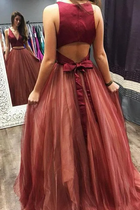 Elegant Two Pieces Burgundy V Neck Tulle Prom Dresses Tulle Open Back Evening Dresses