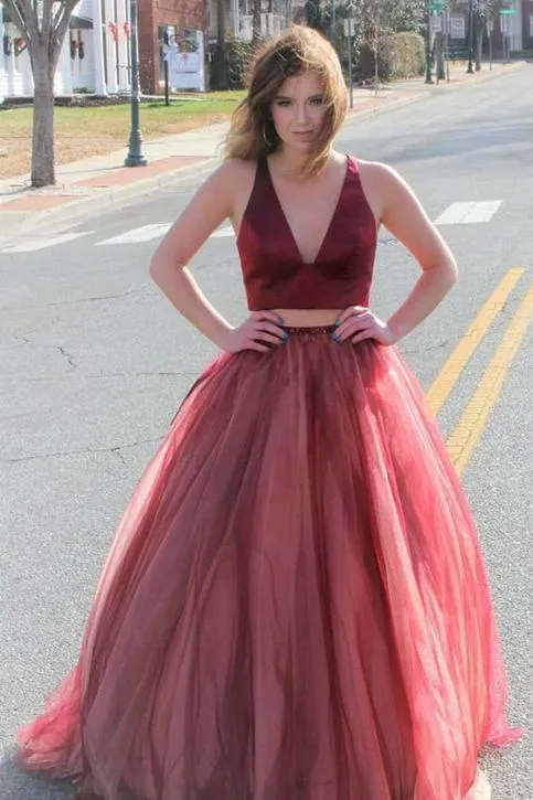 Elegant Two Pieces Burgundy V Neck Tulle Prom Dresses Tulle Open Back Evening Dresses