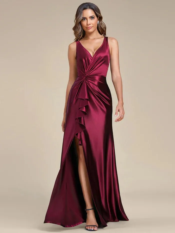 Elegant V Neck Split Ruffles Stain Evening Dresses