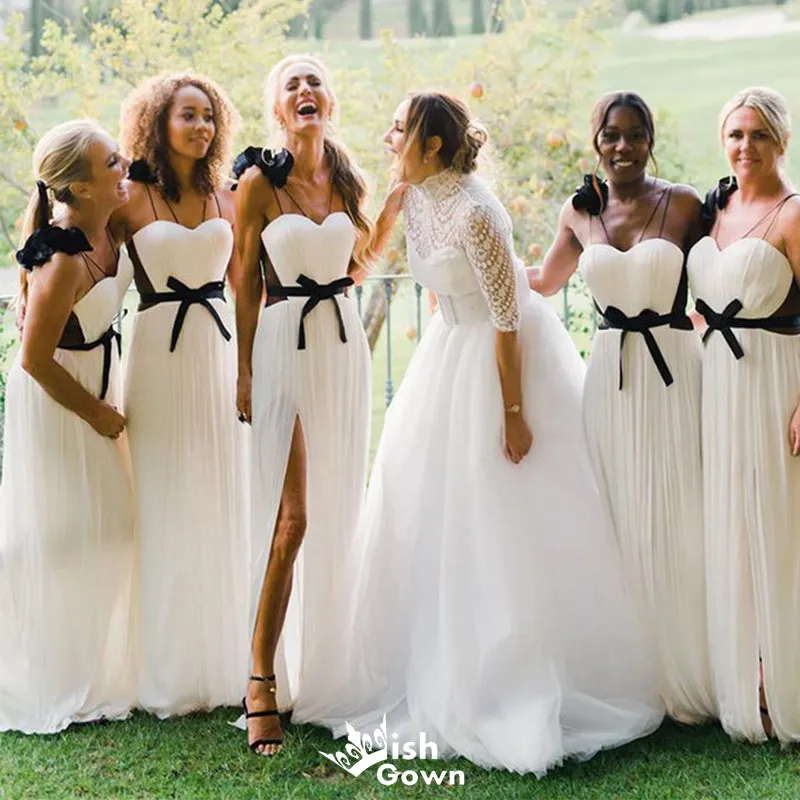 Elegant White A-Line Side Slit Sweetheart Sleeveless Wedding Guest Bridesmaid Dresses,WGM358