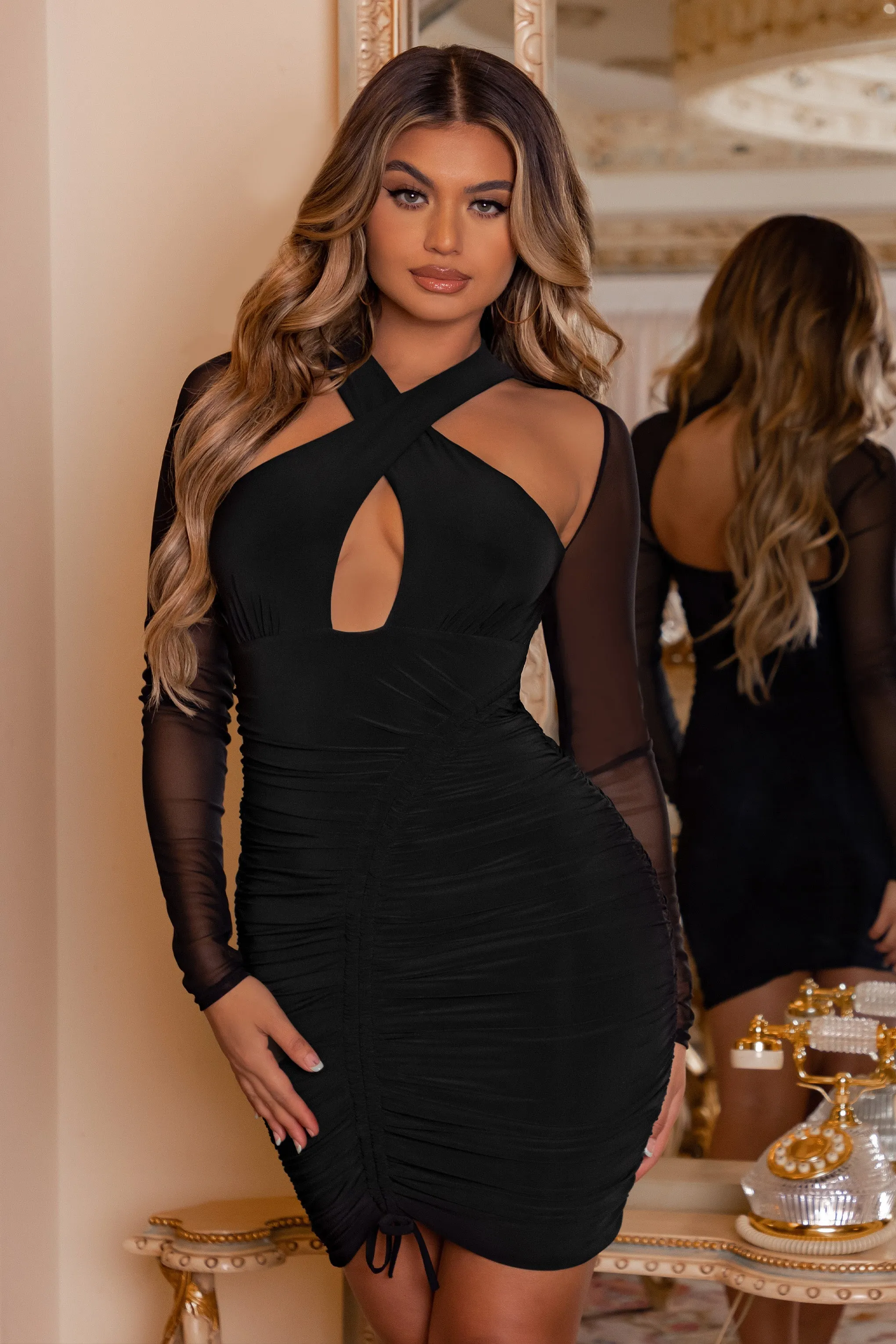 Eyes On You | Black Long Sleeve Halter Neck Mini Dress