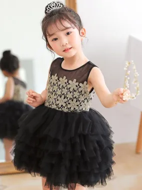 Flower Girl Dresses Black Jewel Neck Tulle Sleeveless Short Princess Kids Tutu Party Dresses