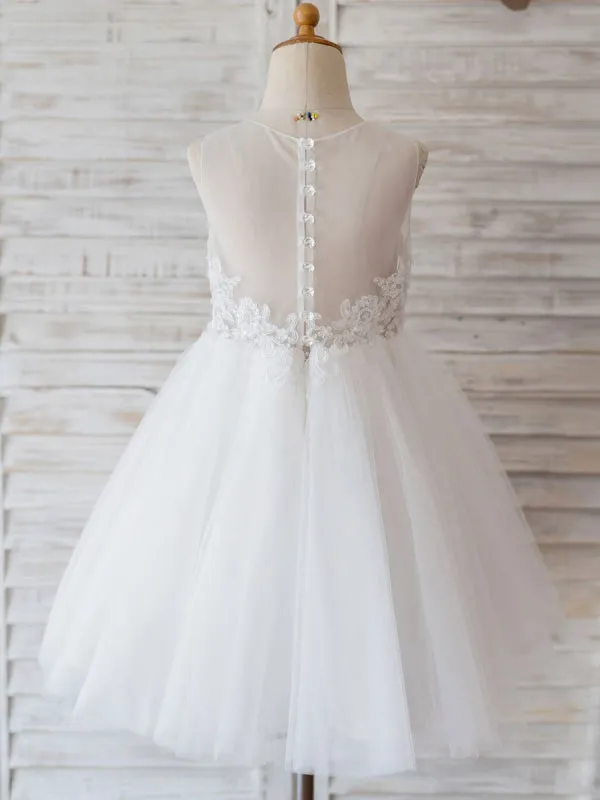 Flower Girl Dresses Round Neck Lace Sleeveless Knee-Length Princess Beaded Kids Party Dresses