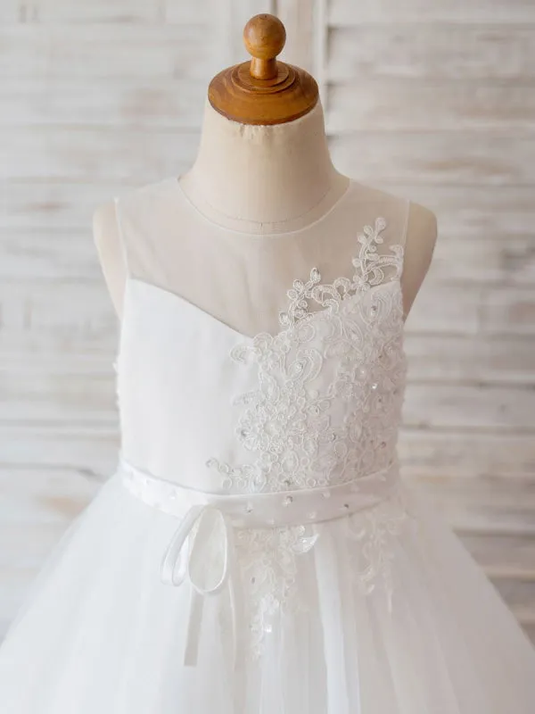 Flower Girl Dresses Round Neck Lace Sleeveless Knee-Length Princess Beaded Kids Party Dresses