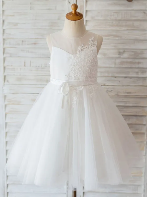 Flower Girl Dresses Round Neck Lace Sleeveless Knee-Length Princess Beaded Kids Party Dresses