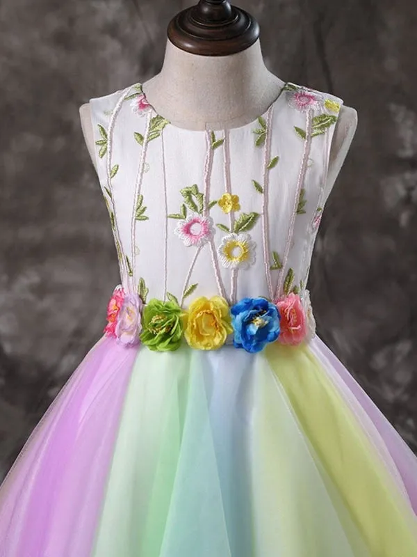 Flower Girl Dresses Tulle Sleeveless Knee Length Iridescent Flora Sash Princess Silhouette Embroidered Kids Social Party Dresses