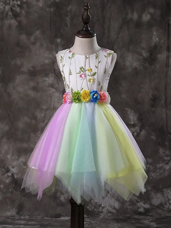 Flower Girl Dresses Tulle Sleeveless Knee Length Iridescent Flora Sash Princess Silhouette Embroidered Kids Social Party Dresses