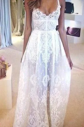 Flowy Full Lace Sexy Spaghetti Strap Applique Romantic Sheer Beach Wedding Dresses